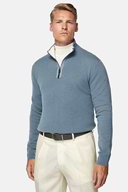 Indigo Cashmere Half Zip Jumper, Indigo, hi-res