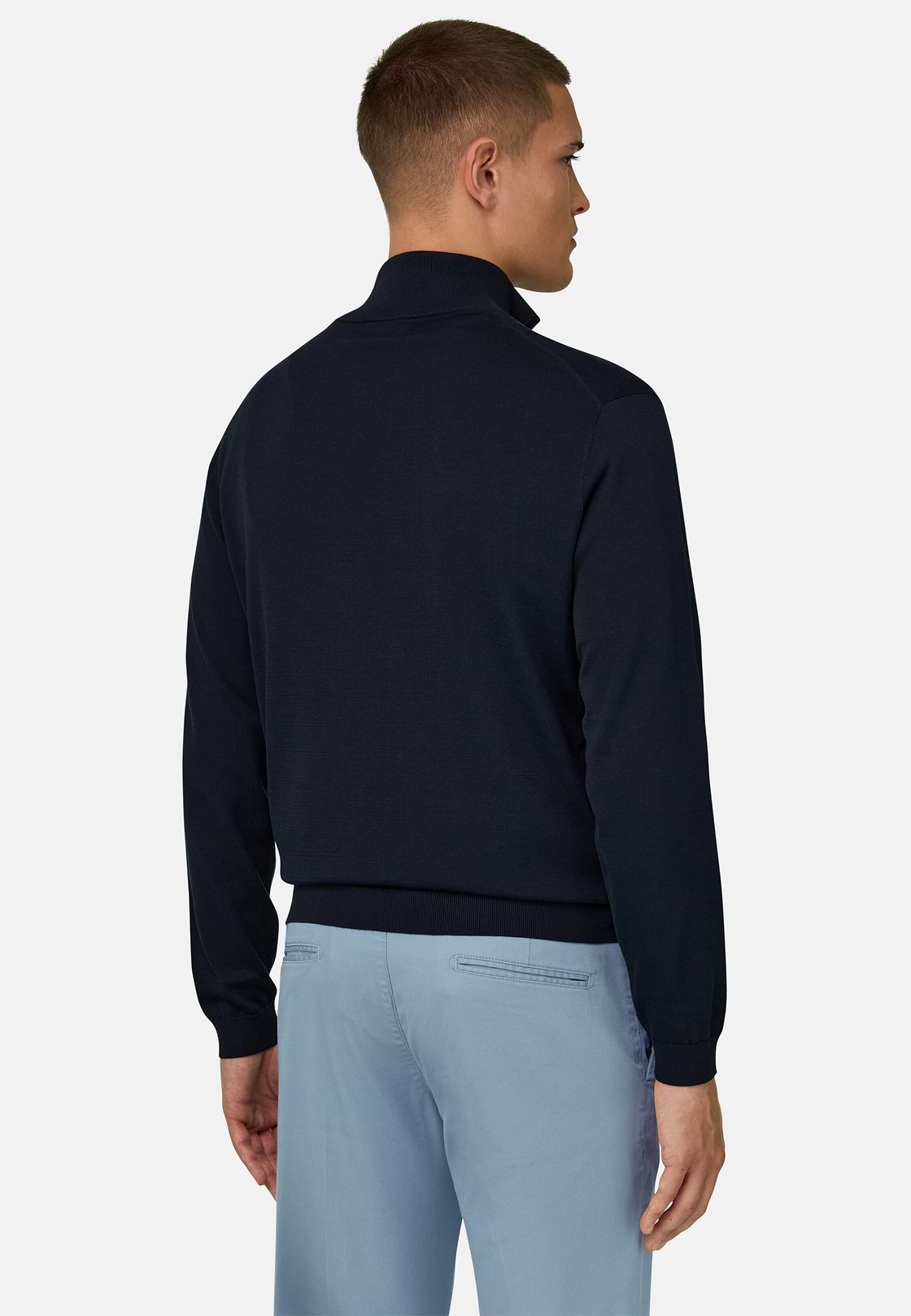 Maglia Mezza Zip In Cotone Seta, Navy, hi-res, 3