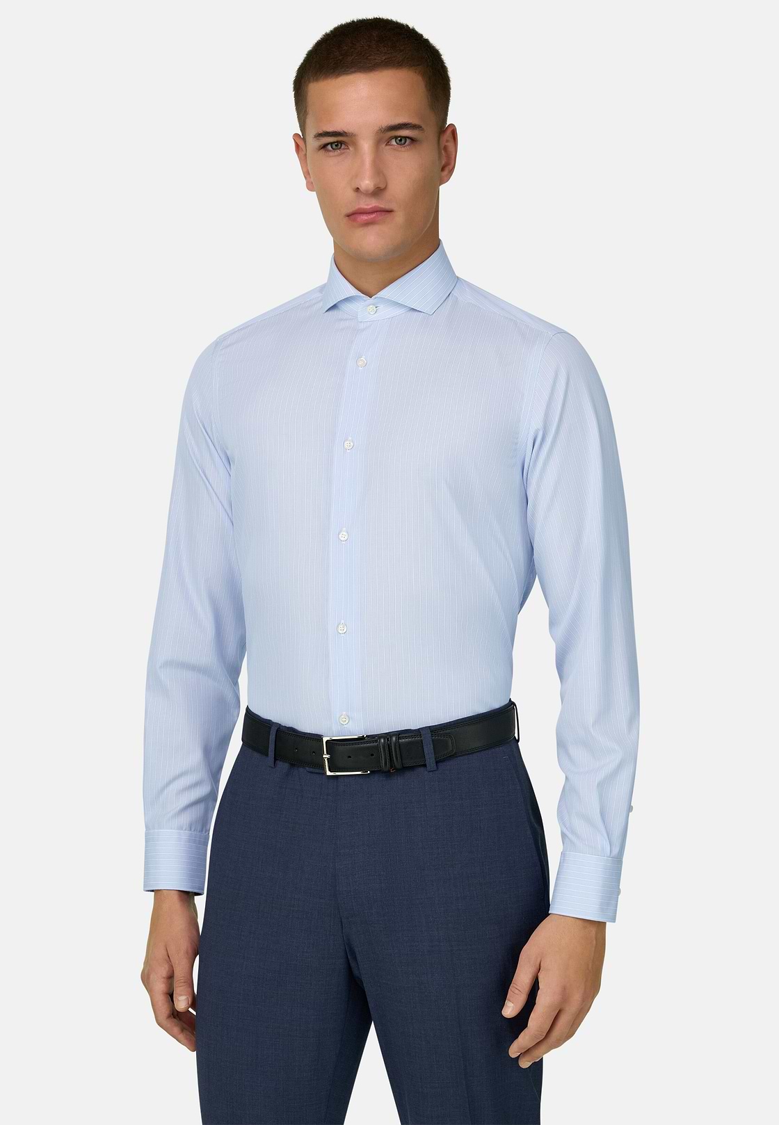 Camicia A Righe In Cotone Slim Fit, Azzurro, hi-res, 1