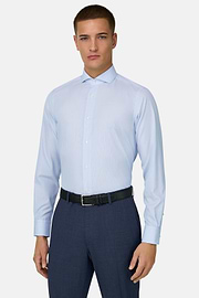 Camicia A Righe In Cotone Slim Fit, Azzurro, thumb, 1