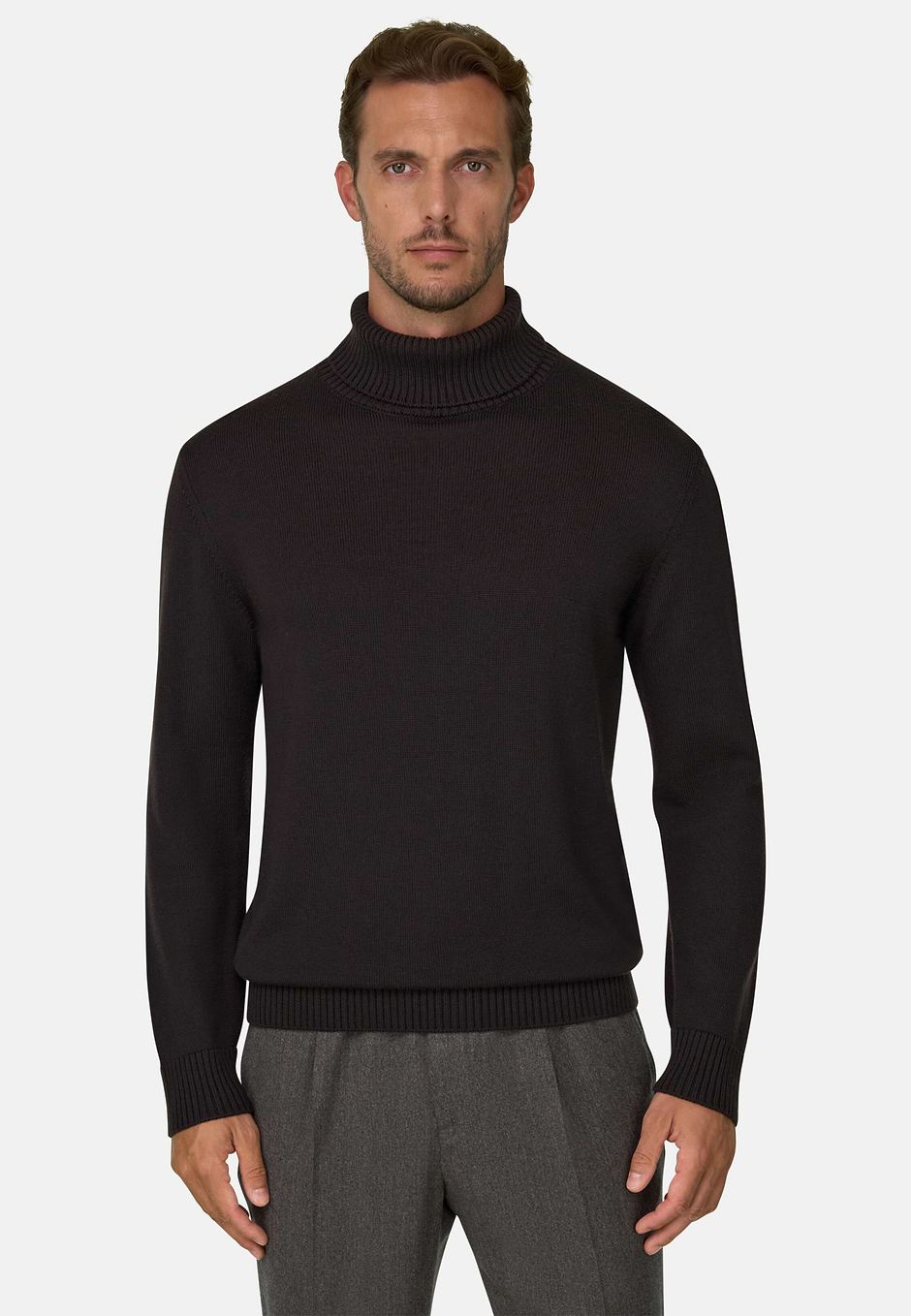 Turtleneck Jumper in Extrafine Merino Wool, Dark brown, hi-res