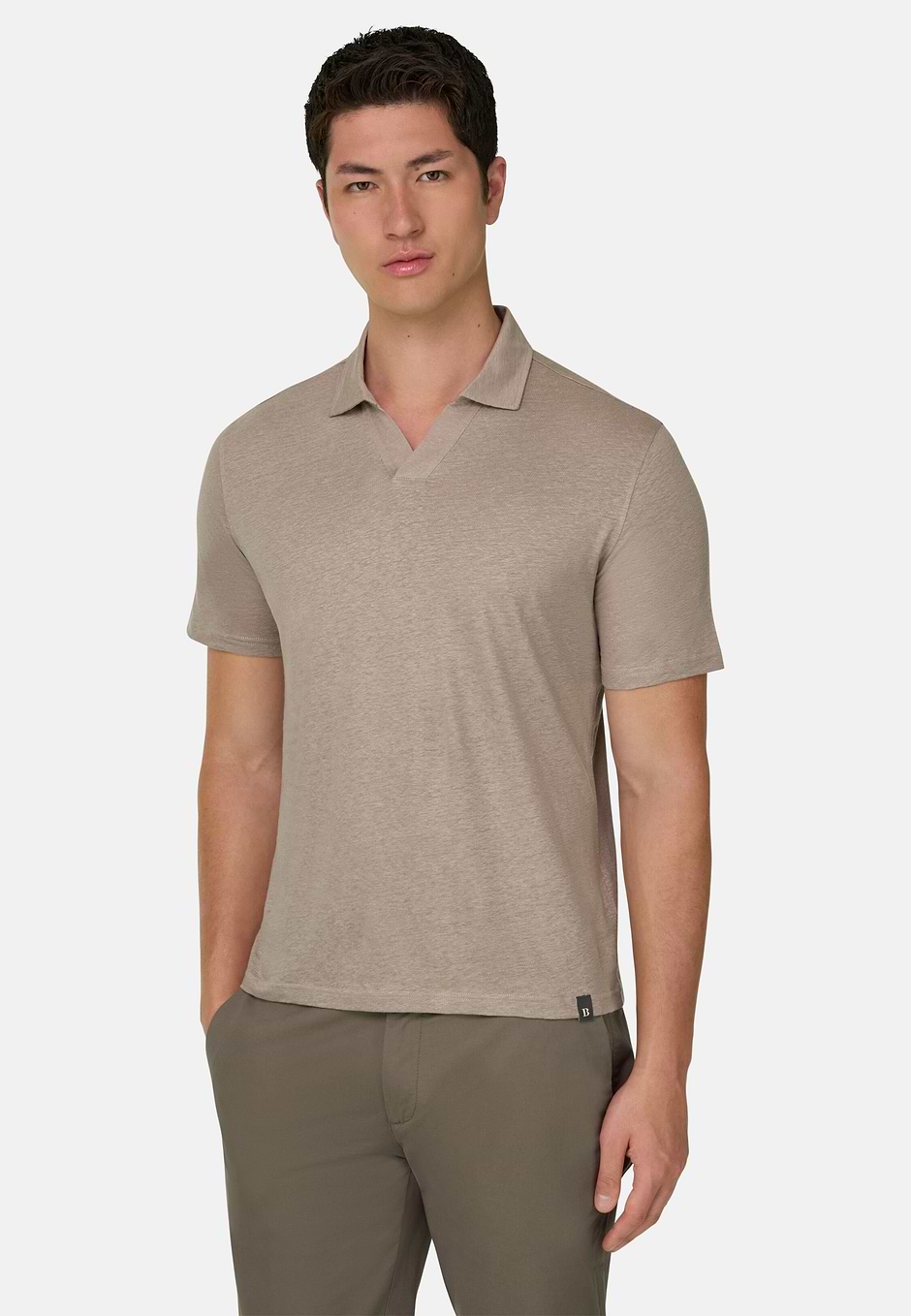 Polo In Jersey Di Lino Elasticizzato, Taupe, hi-res