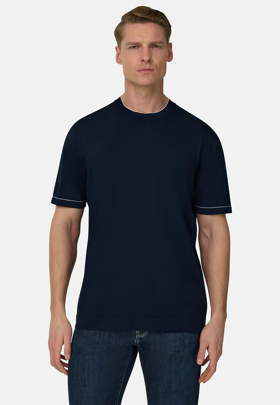 Cotton Crêpe Knit T-Shirt, Navy blue, hi-res