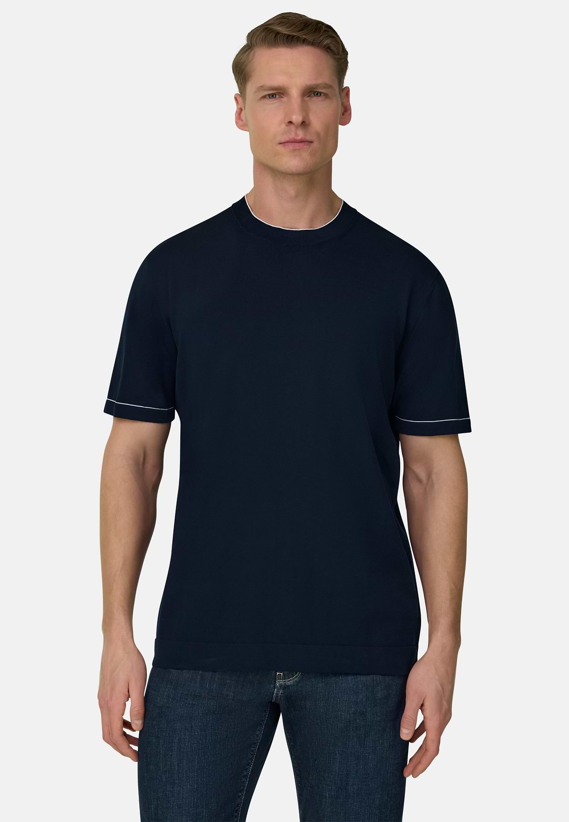 Strick-T-Shirt Aus Baumwollkrepp, Navy blau, hi-res, 1