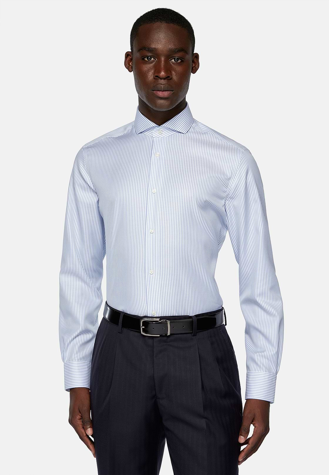 Camicia A Righe In Twill Di Cotone Slim Fit, Azzurro, hi-res