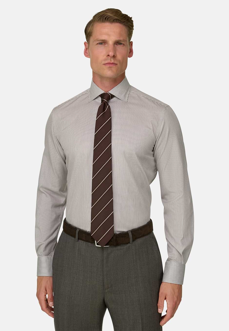 Camicia a Righe in Cotone Regular Fit, Marrone, hi-res
