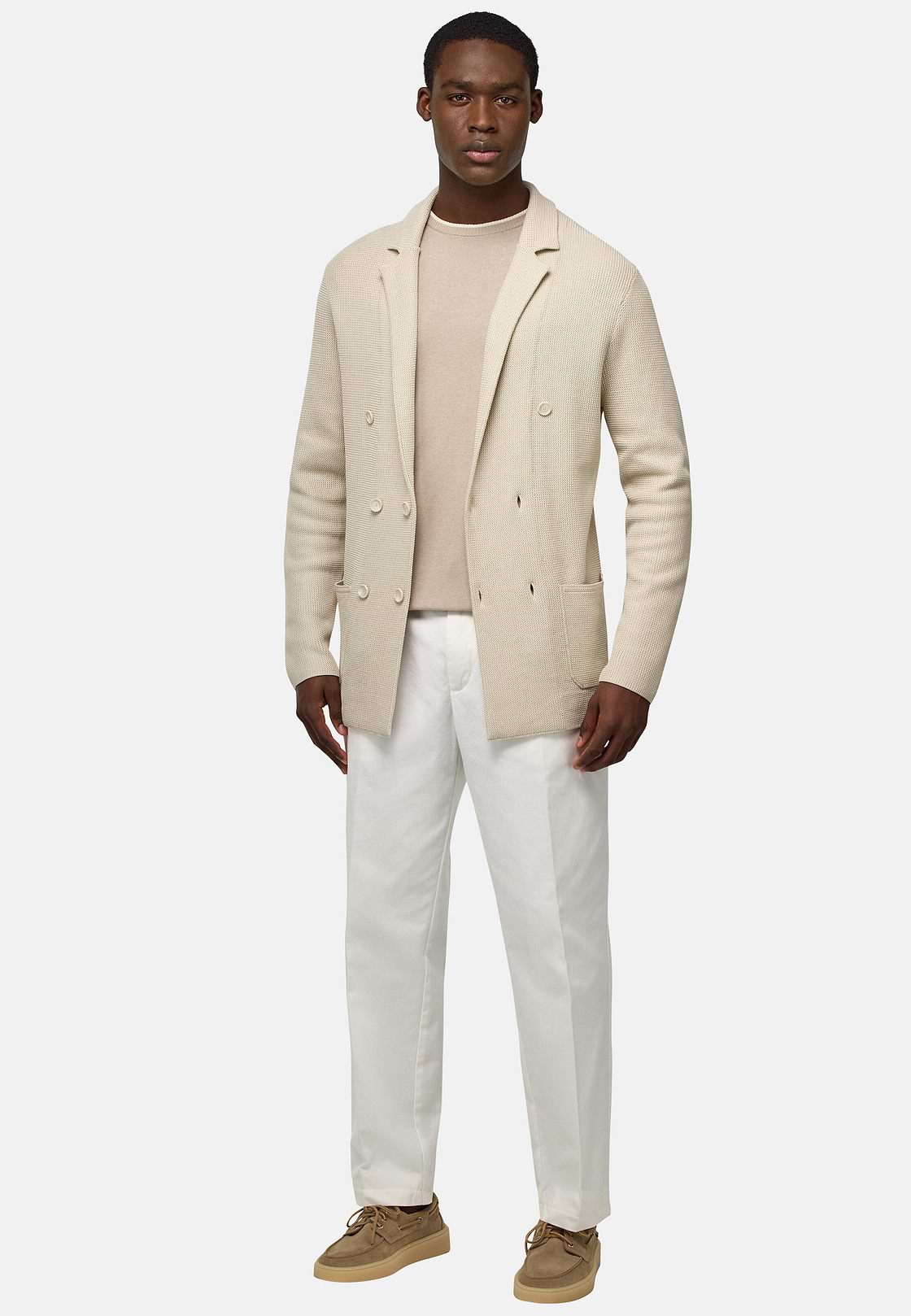Double-Breasted Knitted Jacket in Cotton Crêpe, Sand, hi-res