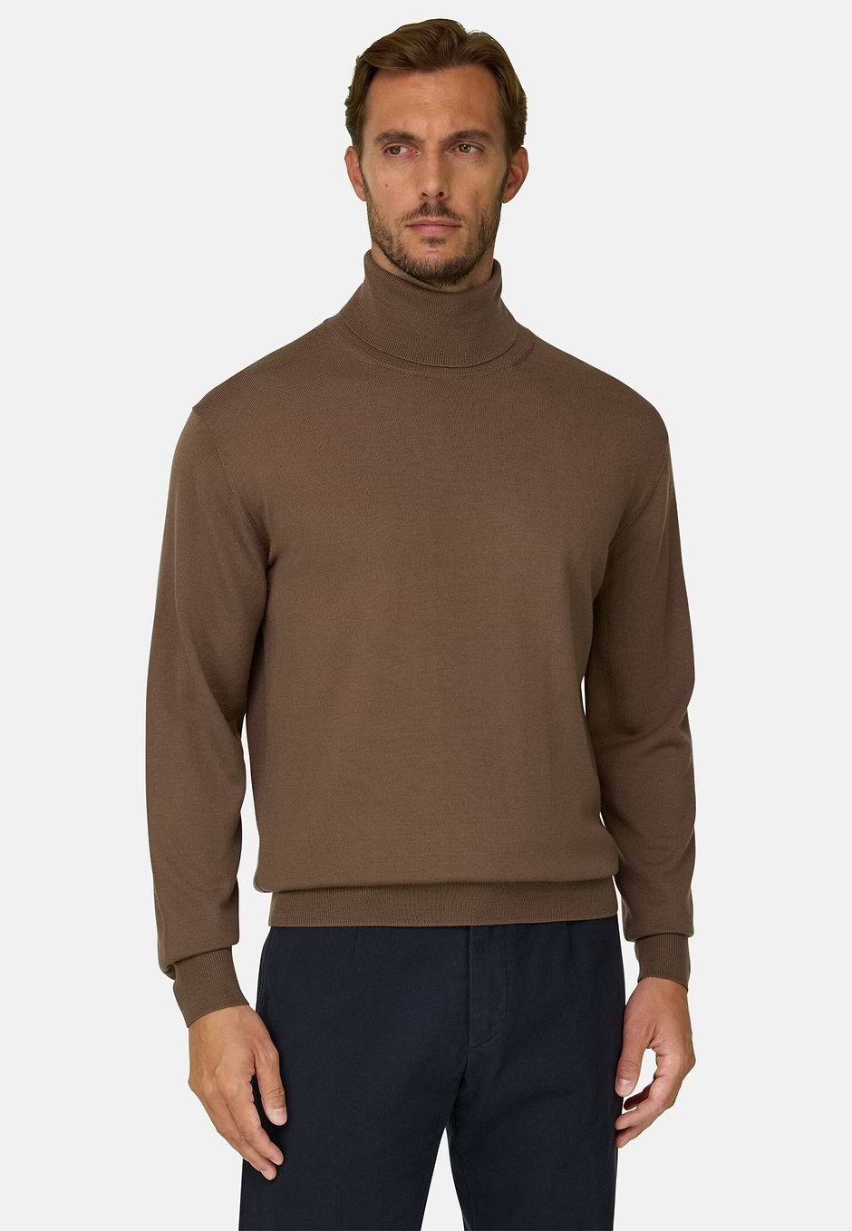 Jersey con cuello alto de lana merino extrafina, marrón, hi-res