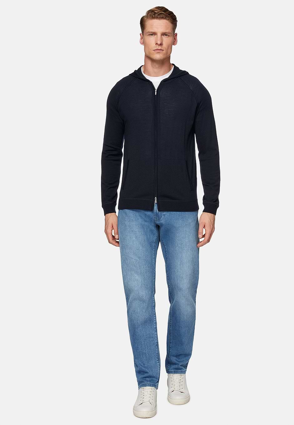 Full Zip Hooded Jumper in Superfine Merino Wool, Navy blue, hi-res