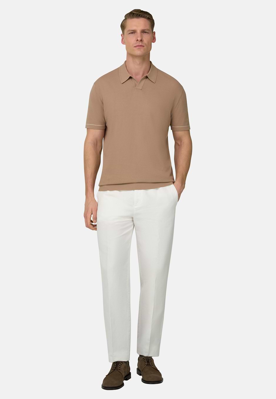 Strick-Poloshirt Aus Baumwollkrepp, Beige, hi-res