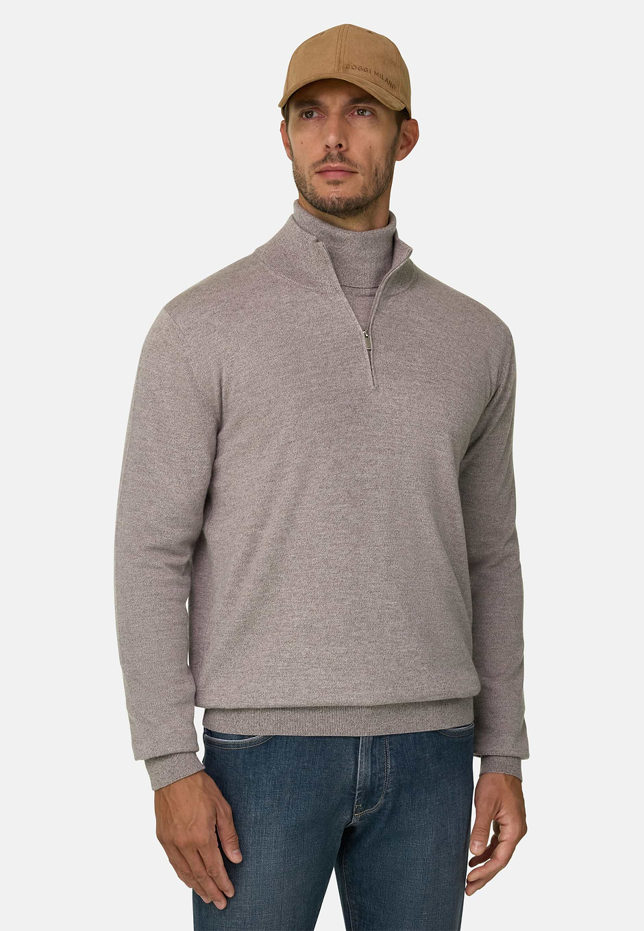 Col montant demi-zip en laine Merino Cashwool® mouliné, Sable, hi-res