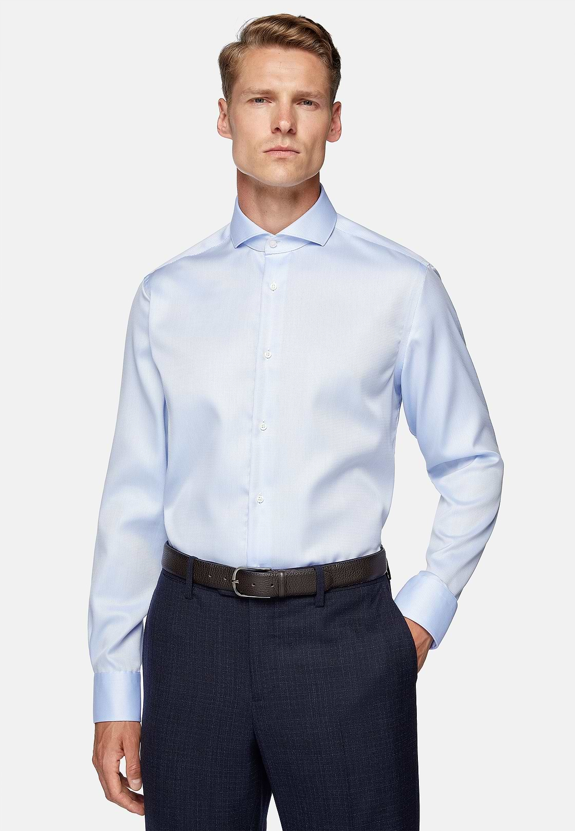 Camicia In Dobby Di Cotone Slim Fit, Azzurro, hi-res