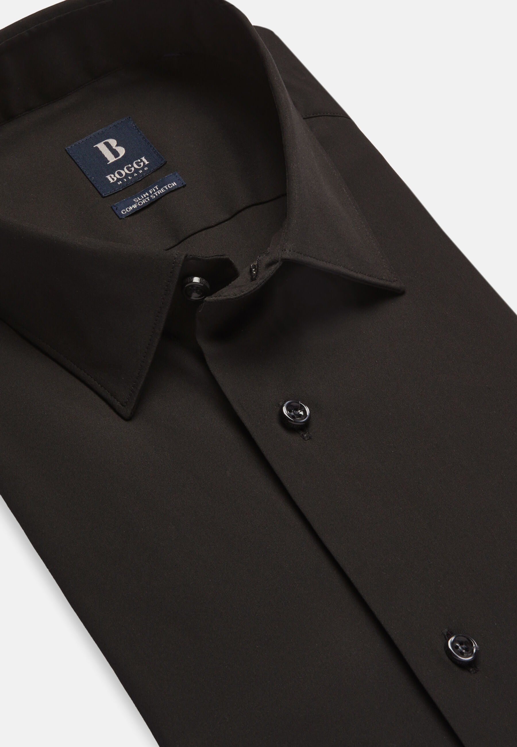 Slim Fit Black Shirt in Stretch Cotton, Black, hi-res