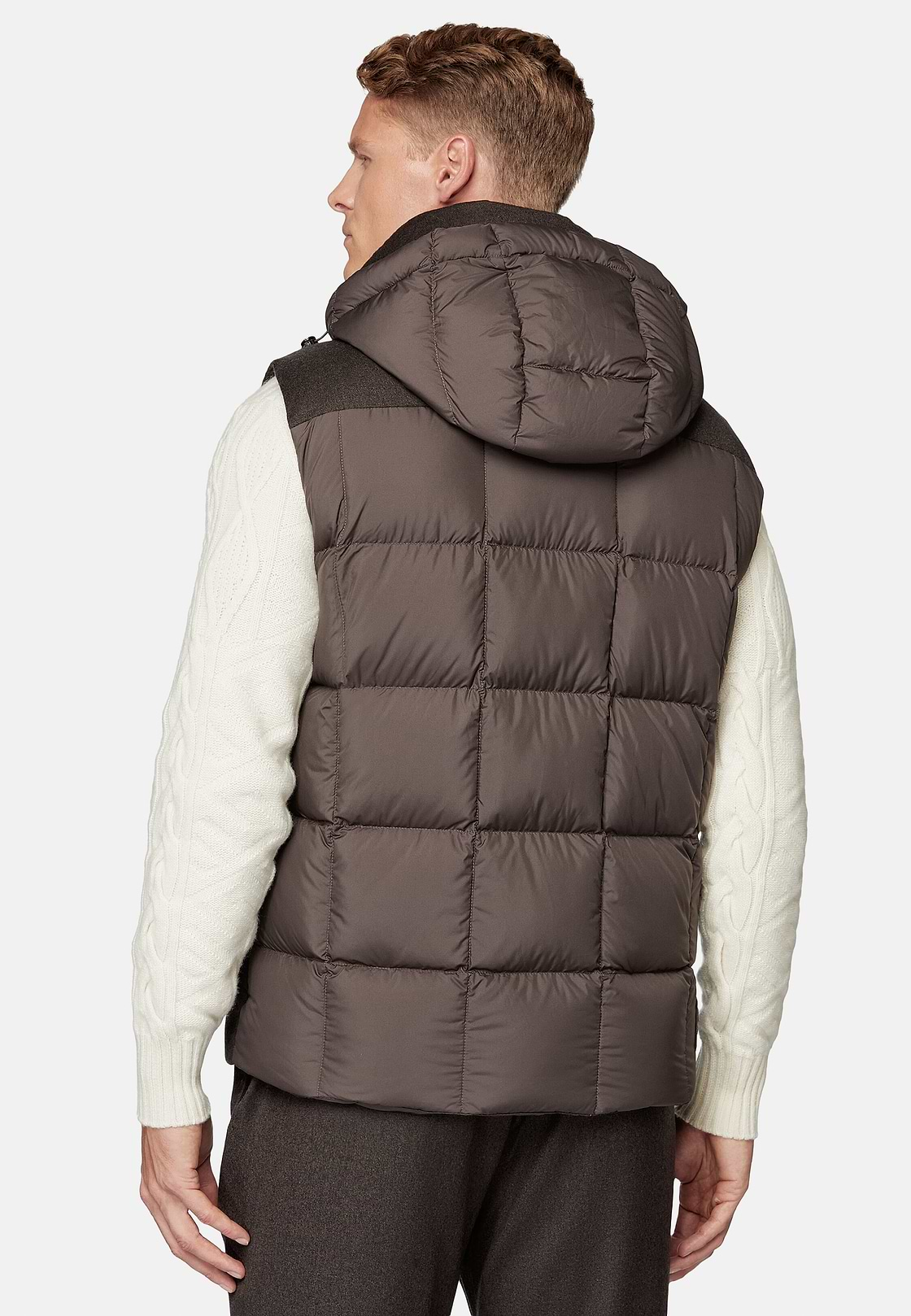 Gilet In Flanella Imbottito In Piuma Con Cappuccio, Marrone, hi-res