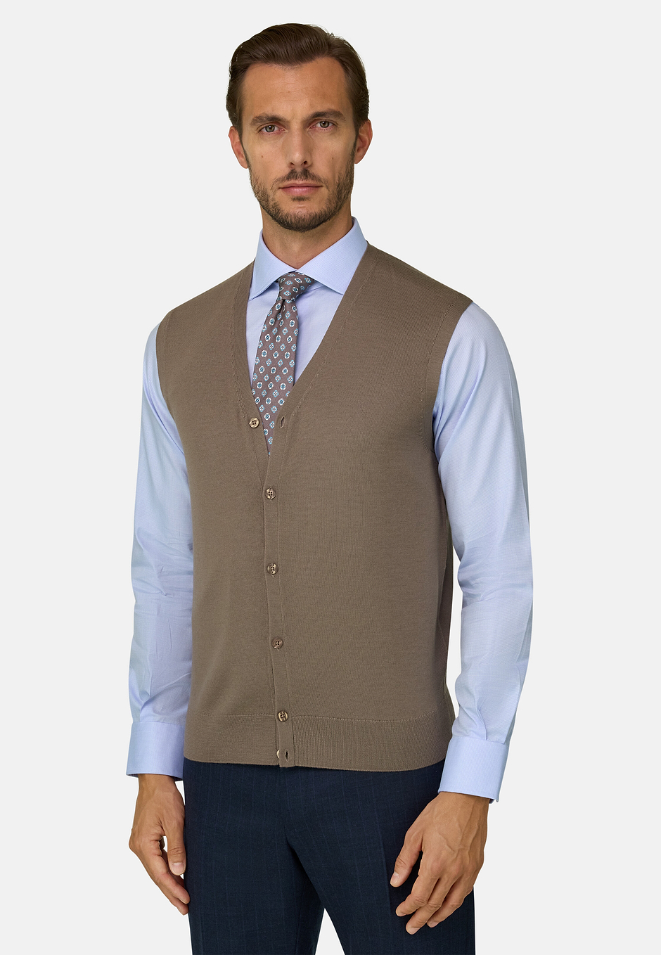 Gilet in Merino Wool Knitted Fabric, Taupe, hi-res