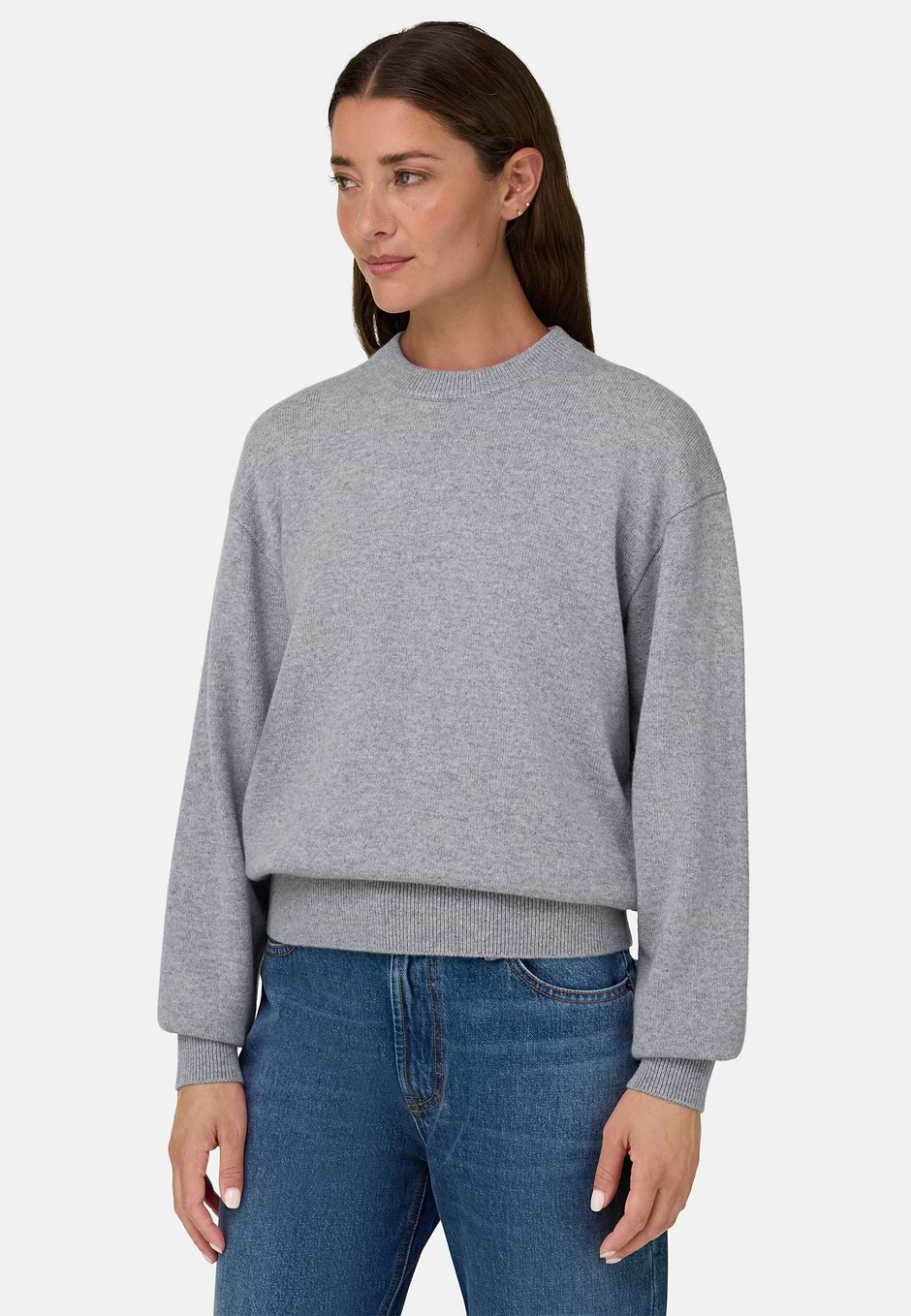 Jersey de cuello redondo en lana y cashmere, Gris, hi-res