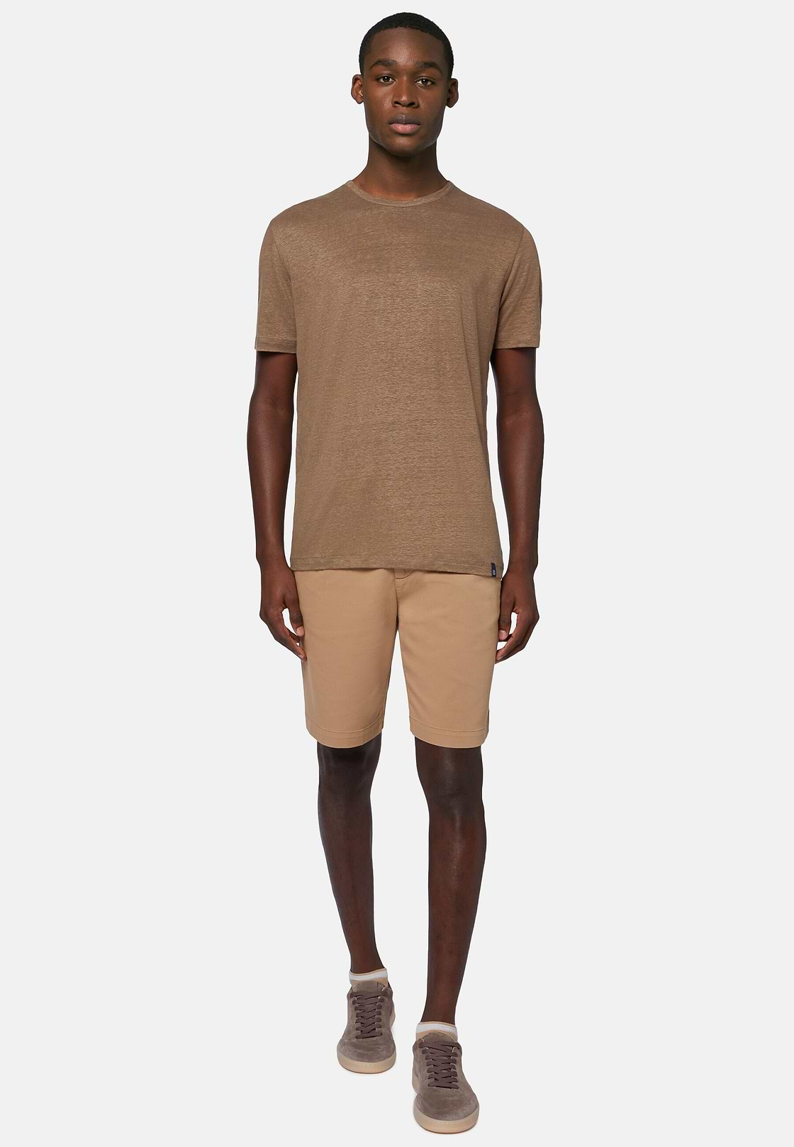 T-Shirt in Stretch Linen Jersey, Brown, hi-res