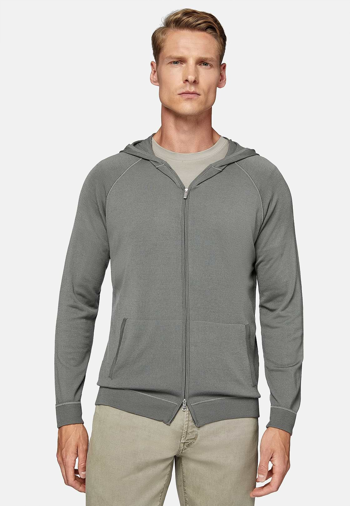 Green Merino Wool Full Zip Hoodie, Green, hi-res