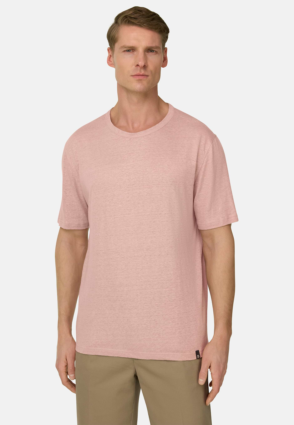 T-Shirt In Jersey Di Lino Stretch Elasticizzato, Rosa, hi-res