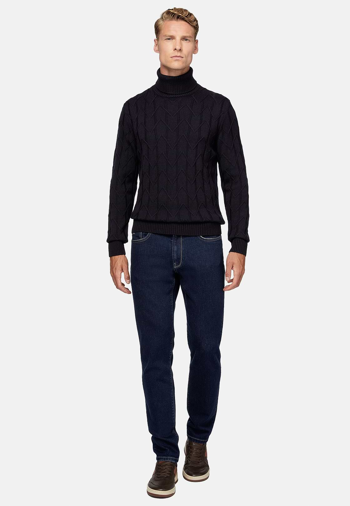 Navy Merino Wool Polo Neck Pullover, Navy blue, hi-res