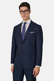 Abito Gessato In Lana E Seta, Navy, thumb, 1