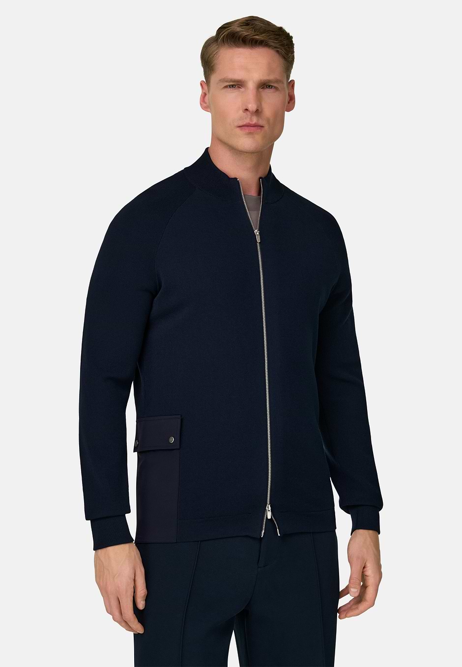 Full-Zip Jumper in Technical Cotton, Navy blue, hi-res