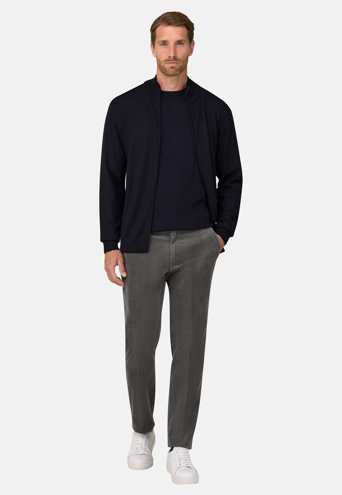 Full-Zip Jumper in Merino Wool, Navy blue, hi-res, 2