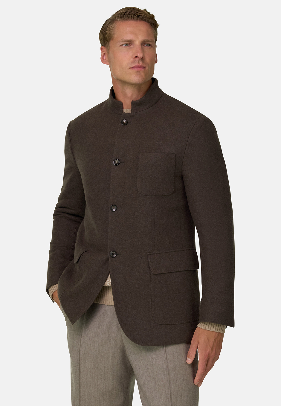 Blazer Guru Collar Padded Wool Cashmere, Brown, hi-res