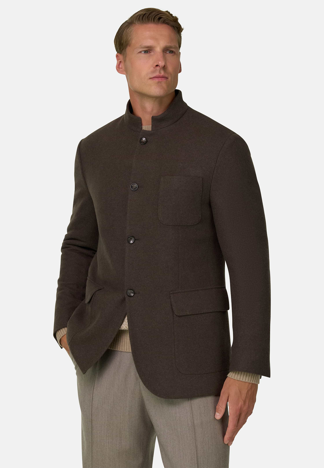 Blazer Guru Collar Padded Wool Cashmere, Brown, hi-res, 1