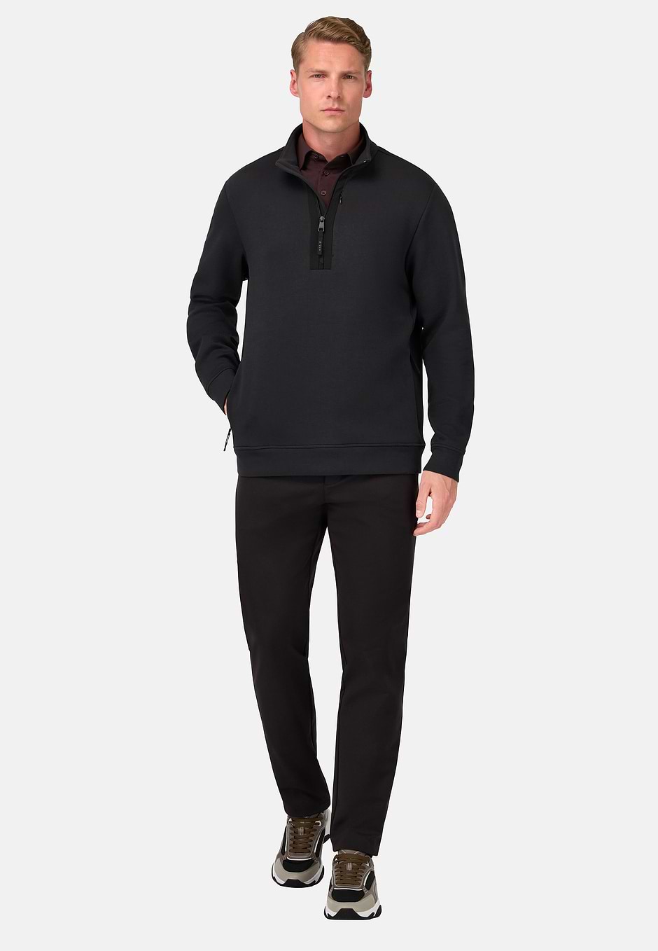 Mock Polo Neck Sweatshirt in Cotton Blend Scuba, Black, hi-res
