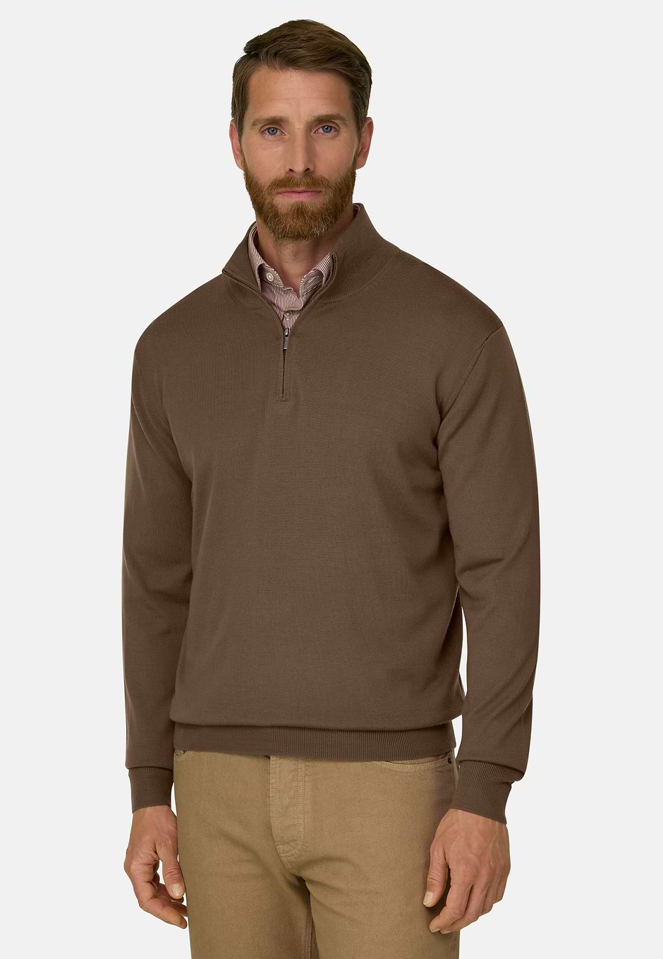 Half-Zip-Pullover aus extrafeiner Merinowolle, Braun, hi-res