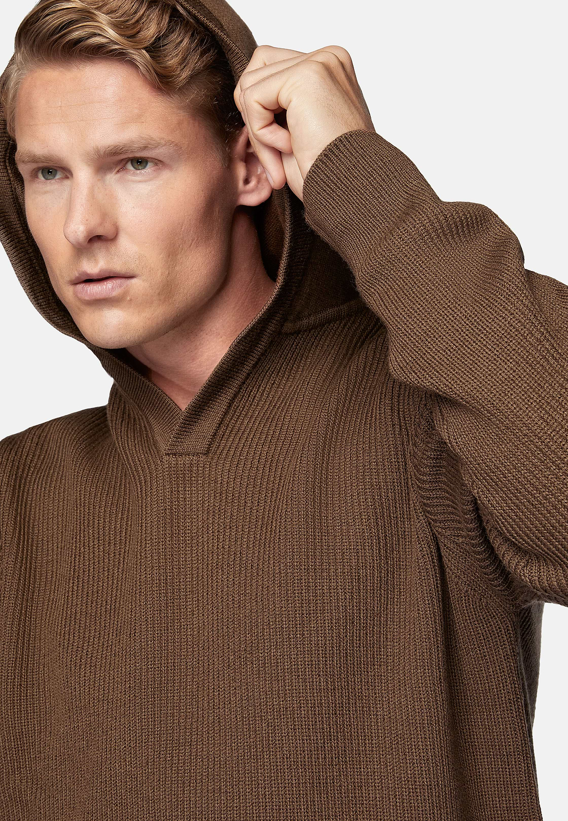 Haselnussfarbener Pullover Mit V-Ausschnitt und Kapuze Aus Merinowolle, Haselnuss, hi-res