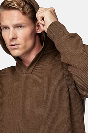 Haselnussfarbener Pullover Mit V-Ausschnitt und Kapuze Aus Merinowolle, Haselnuss, hi-res
