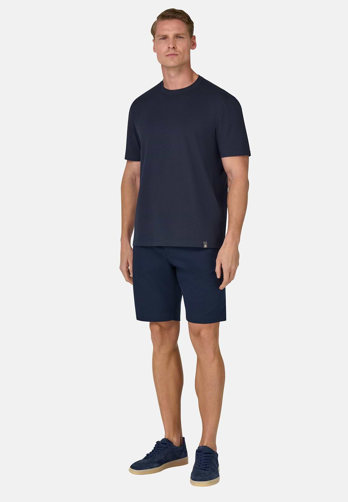 Stretch Cotton and Tencel Bermuda Shorts, Navy blue, hi-res