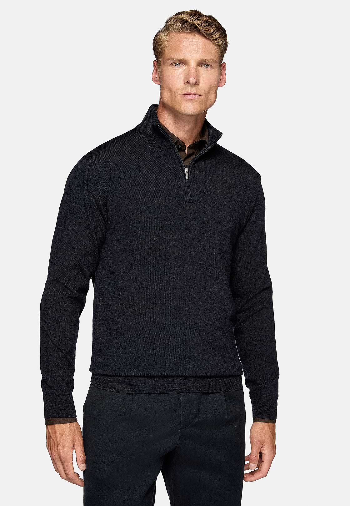 Marineblauer Pullover Mit Halbem Reißverschluss Aus Merinowolle, Navy blau, hi-res