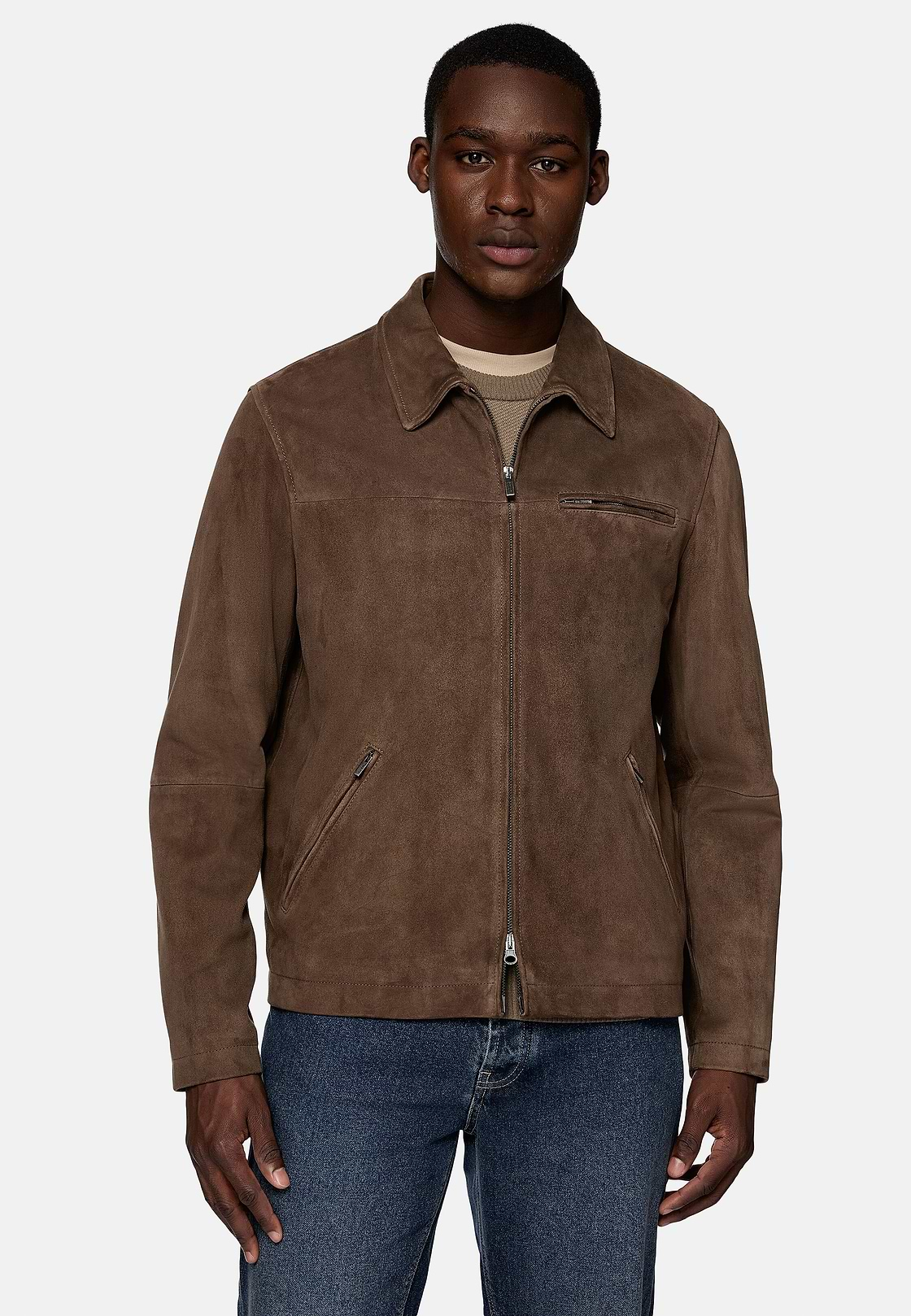 Bomber Jacket in Genuine Suede Leather, Brown, hi-res