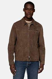 Bomber Jacket in Genuine Suede Leather, Brown, hi-res