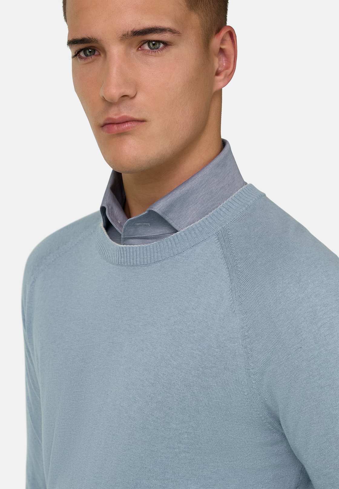 Pull Col Rond En Coton Soie Cachemire, Bleu clair, hi-res, 4