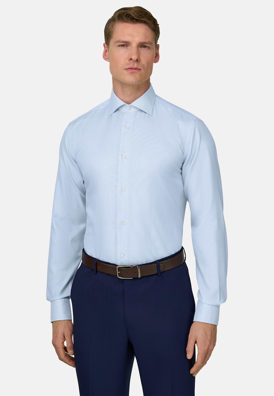 Camicia A Righe In Cotone Slim Fit, Azzurro, hi-res, 1