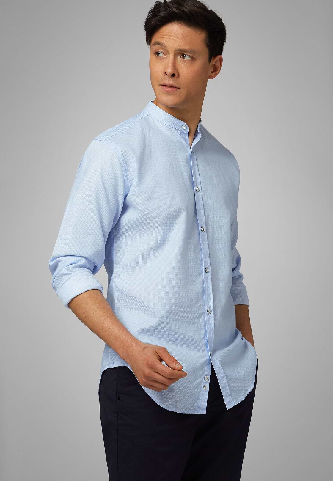 Camisa Regular Fit Celeste Con Cuello Mao, , hi-res, 1