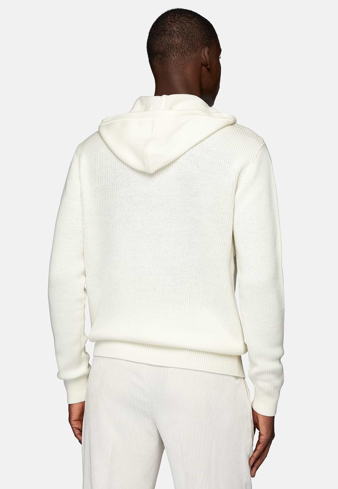Weißer Pullover Mit V-Ausschnitt und Kapuze Aus Merinowolle, Weiß, hi-res
