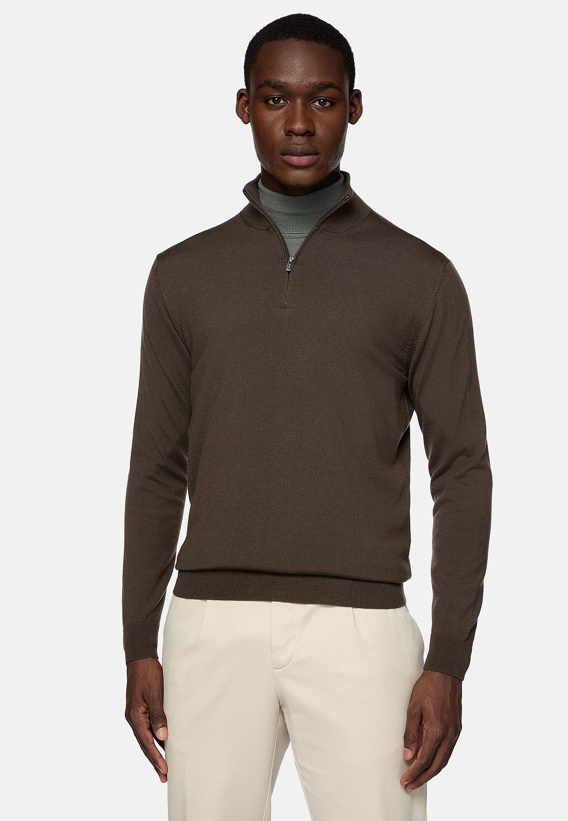 Brown Merino Wool Half-Zip Jumper, Brown, hi-res