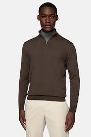 Brown Merino Wool Half-Zip Jumper, Brown, hi-res