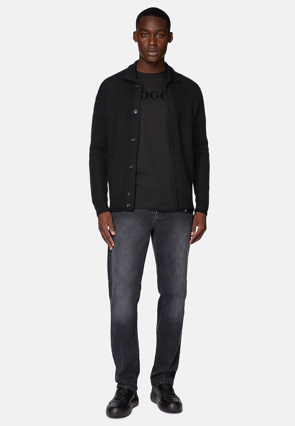 Cárdigan Negro Cuello Camisero De Lana Merina, Negro, hi-res