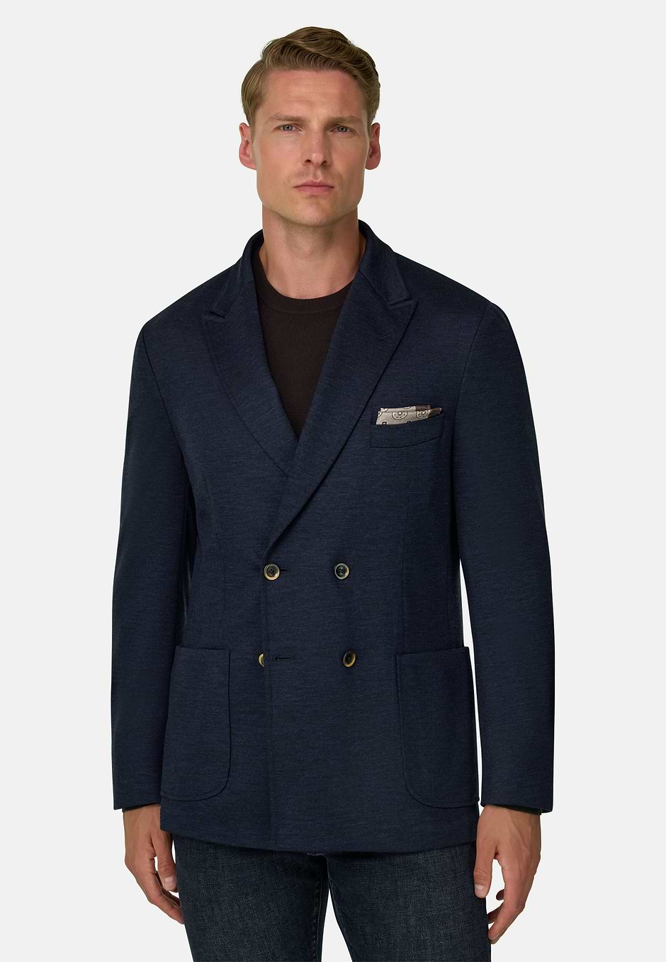 BROOKLYN | Giacca Doppio Petto in Misto Lana B Jersey, Navy, hi-res