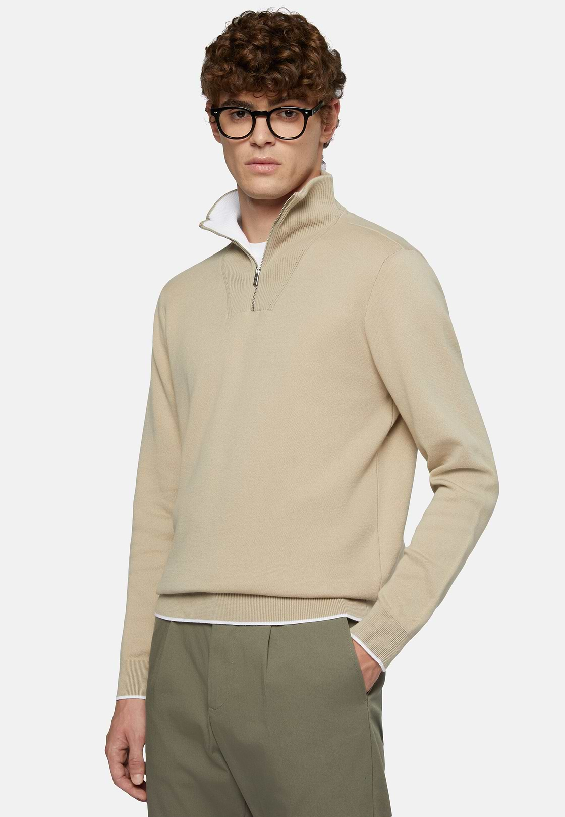 Beiger Pullover Aus Baumwolle Mit Halbem Reißverschluss, Beige, hi-res