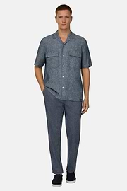Pantaloni In Cotone Lino Elasticizzato, Indaco, thumb, 2
