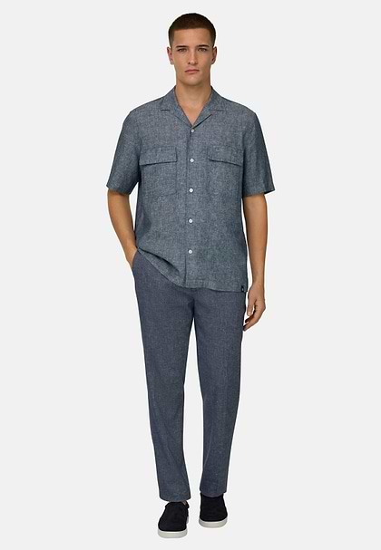 Stretch-Hose Aus Baumwolle Und Leinen, Indigo, hi-res