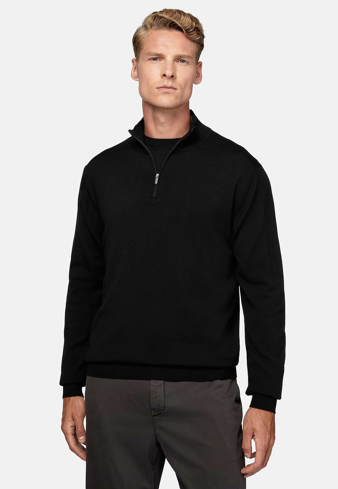 Schwarzer Pullover Mit Halbem Reißverschluss Aus Merinowolle, Schwarz, hi-res