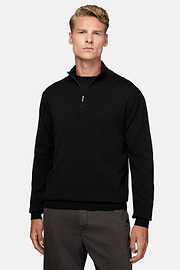 Schwarzer Pullover Mit Halbem Reißverschluss Aus Merinowolle, Schwarz, hi-res